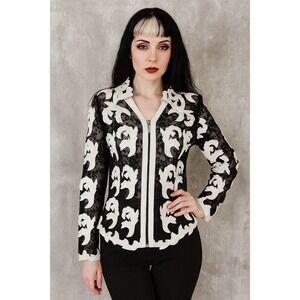 Vintage S&A Signature Leather Black Lace Jacket‎ L White Leather Appliqué Turkey